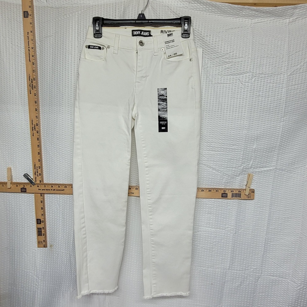 DKNY Jeans Rivington Slim Straight Crop White Mid Rise Raw Hem 24/00